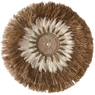 Raffia juju hat with shell and feather decoration